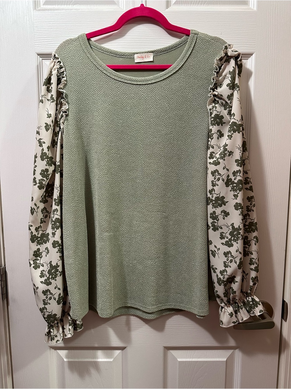 Sage Green Ruffle-Sleeve Knit Top with Floral Sleeves